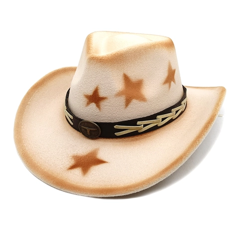 Western Cowboy Hat Vintage Star Print Cotton Polyester Wide Brim Felt Jazz Fedora With Bull Head Metal Decor