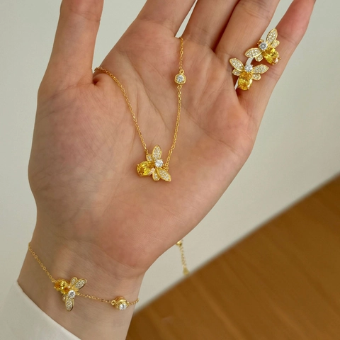 Bee Jewelry Set 925 Sterling Silver Necklace Stud Earrings And Bracelet With Yellow Zircon Gold Plated Fashion For Women