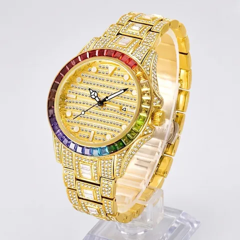 Orologio Da Uomo Lusso Al Quarzo Interamente Incastonato Con Strass Lunetta Arcobaleno Acciaio Inossidabile Placcato Oro Impermeabile Data Business