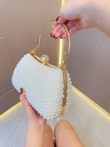 Luxus Künstliche Perlen Abendtasche Mit Goldfarbenem Metallgriff Strassverschluss Und Kettengurt Für Hochzeit Party Damen