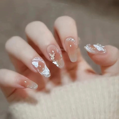 Ongles À Presser Papillon Blanc Strass Dégradé Rose Nude Charmes En Métal 3D Français Élégant