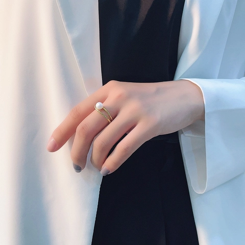 Bague En Argent Sterling 925 Avec Künstliche Perle Ajustable Ouverte Lignes Géométriques Croisées Bijoux Élégants Pour Femmes