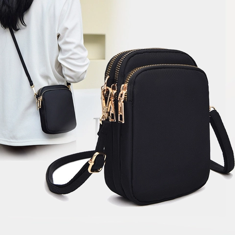 Nylon Mobile Phone Crossbody Bag Lightweight Multi Layer Zipper With Headphone Hole For Women Casual Travel Small Pouch