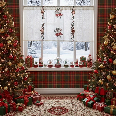 Christmas Lace Cafe Curtain Red Embroidery Bell Stocking Pattern Polyester Mesh Short Door Valance Festive Home Decor