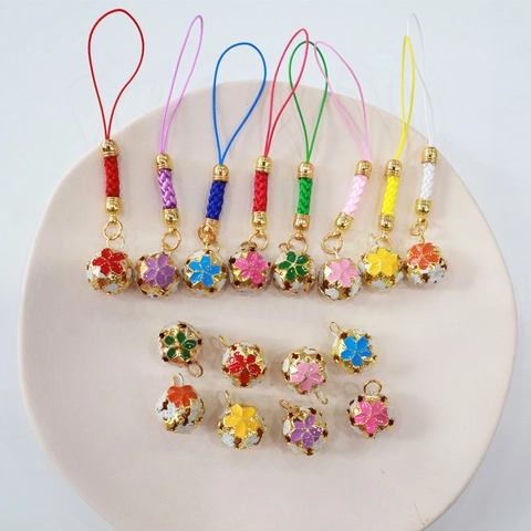 Hollow Metal Cherry Blossom Bell Pendant Japanese Style Enamel Phone Lanyard Keychain Bag Charm Accessory