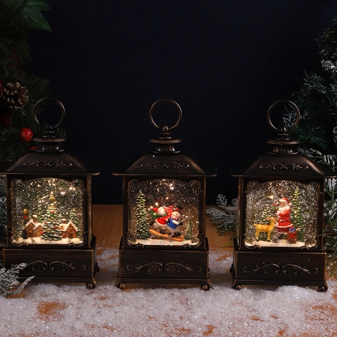 Linterna Globo De Nieve De Navidad Iluminada Bronce Vintage Musical Purpurina Giratoria LED Papá Noel Muñeco De Nieve