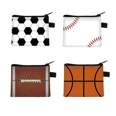 Sports Theme Coin Purse Polyester Portable Zipper Pouch With Hanging Loop For Kids Boys Students Basketball Football Patterns