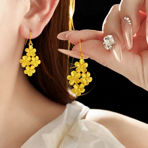 Matte Gold Plated Flower Cluster Drop Earrings Copper Floral Dangle Ear Hooks With Steel Post Elegant Jewelry For Women