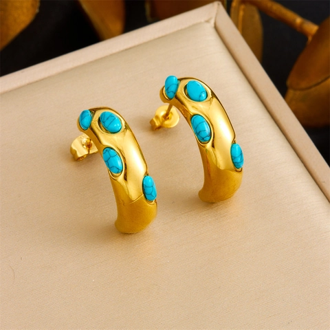Boucles D'oreilles En Forme De C Bohème Vintage Acier Inoxydable Avec Incrustation De Turquoise Plqué Or Pour Femmes