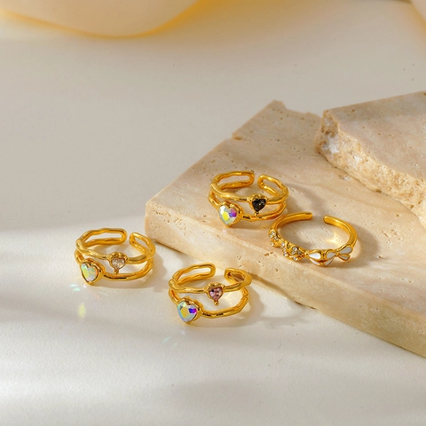 Anello Aperto a Doppio Strato a Cuore in Acciaio Inossidabile Vintage per Donna Placcato Oro Regolabile con Strass Cuore Gioielli