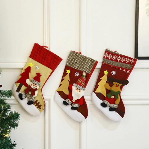 Christmas Stockings Large Knit Burlap Hanging Gift Bags Santa Snowman Reindeer Applique Holiday Fireplace Decor