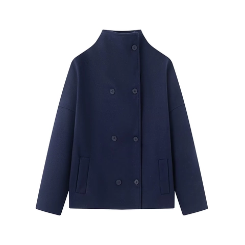 Dames Kort Jasje Double Breasted Opstaande Kraag Polyester Wollook Minimalistisch Casual Lange Mouwen Jas Met Zakken