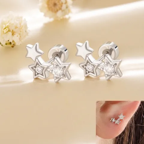Orecchino Cartilagine Stelle Con Perno In Acciaio Inossidabile E Zirconia Cubica Chiusura A Vite Donna Colore Argento