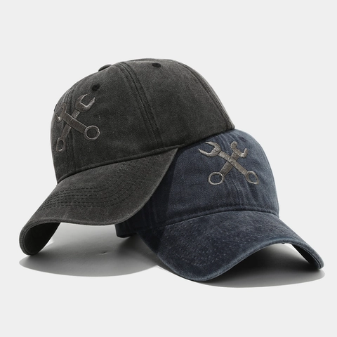 Washed Cotton Baseball Cap Vintage Distressed Crossed Wrench Embroidery Soft Top Adjustable Sun Hat For Men Women