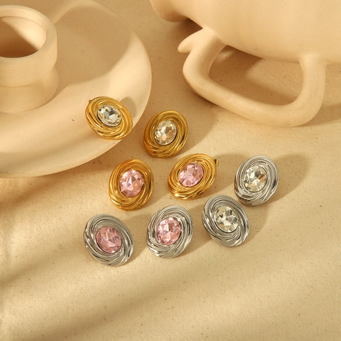 Vintage Oval Stud Earrings With Zircon Stone Spiral Swirl Texture 18K Gold Plated Stainless Steel For Women