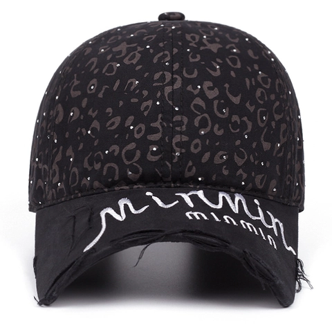 Cappello Da Baseball Stampa Leopardata Cotone Strass Effetto Consumato Ricamo Streetwear Moda Donne Uomini