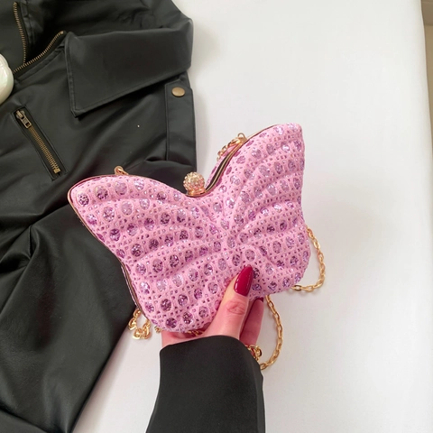 Borsa da Sera a Forma di Farfalla con Paillettes e Strass Catena in Metallo Tracolla Clutch per Donna Festa Matrimonio