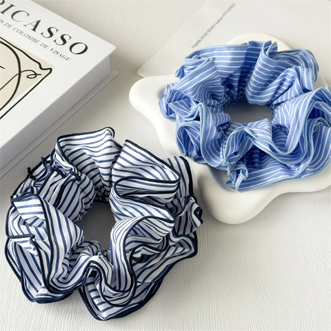 Coleteros de Tela a Rayas de Tamaño Excesivo de Estilo Francés Atadura de Pelo de Moda Soporte de Coleta Accesorios Grandes para el Pelo para Mujeres