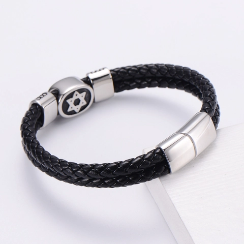 Men Braided PU Leather Bracelet Stainless Steel Hexagram Star Of David Magnetic Clasp Punk Vintage Jewelry