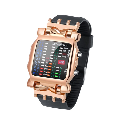 Binary LED Watch Matrix Digital Display Alloy Case PU Strap Fashion Cyberpunk Unisex Electronic Time Date