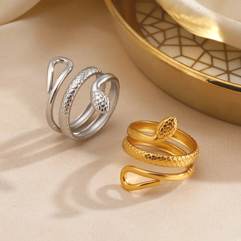Anillo Serpiente Acero Inoxidable Textura Escamas Envuelto Ajustable Abierto Joyería Moda Mujer