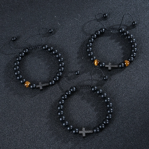 Beaded Bracelet Men Frosted Stone Tiger Eye Alloy Cross Pendant Handmade Adjustable Natural Stone Jewelry Gift For Dad