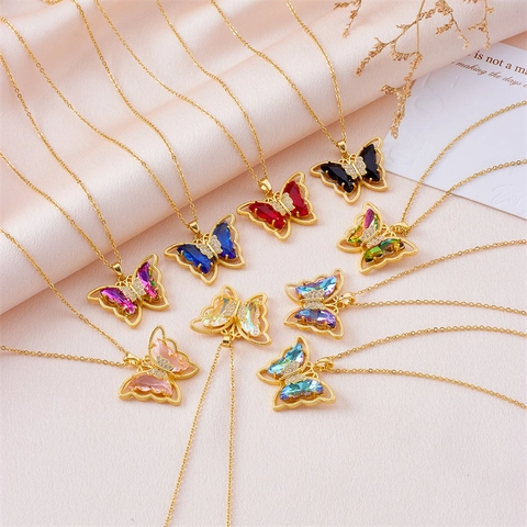 Collana Con Pendente A Farfalla Rame Placcato Oro Con Cristalli Zirconia Colorati Catena Da Clavicola Gioielli Di Moda Di Lusso Per Donne