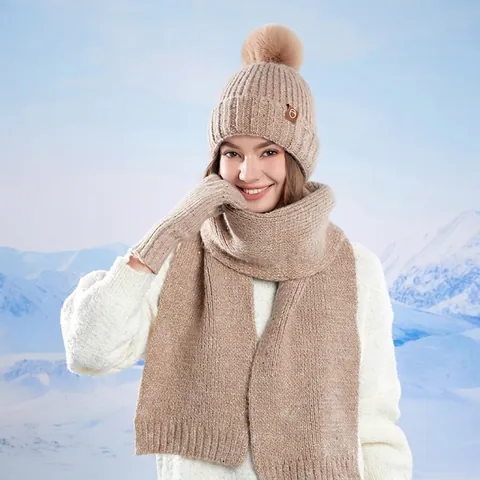Damen Winter Warme Strickmütze Schal Und Touchscreen Handschuhe Wollmischung Pailletten Bommel Fleece Gefüttert Outdoor Zubehör