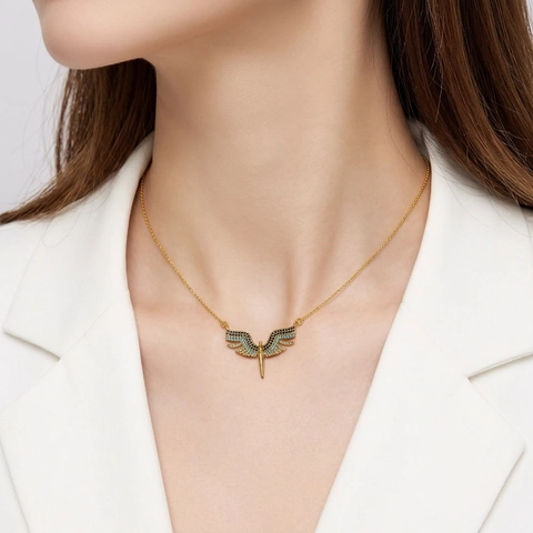 Collar Con Colgante De Alas Micro Incrustaciones De Circón Colorido Cobre Joyas De Moda Para Mujeres Estilo INS