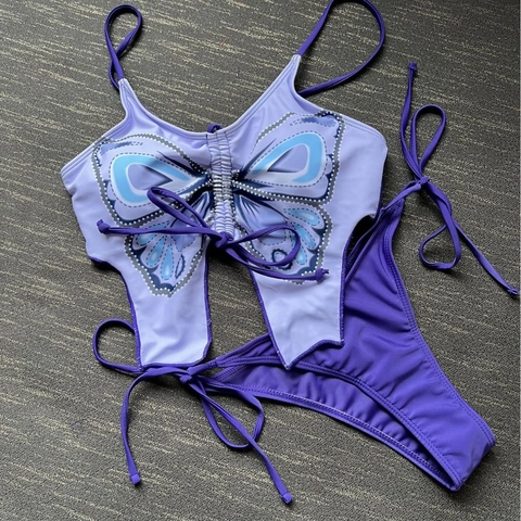 Women Butterfly Print Bikini Swimwear Ruched Drawstring Top And Side Tie Bottoms Polyester Spandex Beachwear