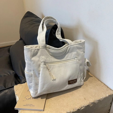 Corduroy Tote Bag For Women Large Capacity Shoulder Bag With Front Zip Pocket Casual Commuting Handbag For Students