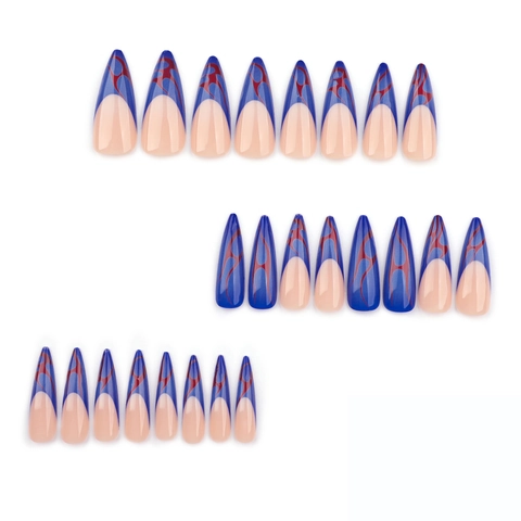 Unghie Finte Extra Lunghe Stiletto A Pressione Blu Con Motivo A Fiamma Rossa Punte Per Unghie Artificiali Lucide Per Donne