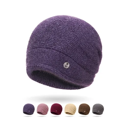 Gorro De Punto Para Mujer Doble Capa Espesado Invierno Cálido A Prueba De Viento Felpa Poliéster Con Letra M De Metal