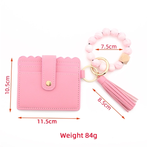 Silicone Bead Keychain Bracelet With PU Leather Card Holder Tassel Wood Accent Wristlet Wallet For Women Fashionable