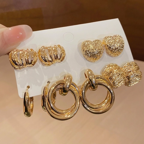 Geometric Wrinkled Metal Stud Hoop Earrings With Silver Earring Post Gold Tone Textured Jewelry For Women Fashion