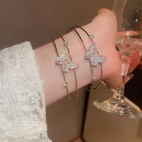 Butterfly Open Cuff Bracelet Copper Pink White Zircon Double Layer Elegant Jewelry Gift For Women Sparkly
