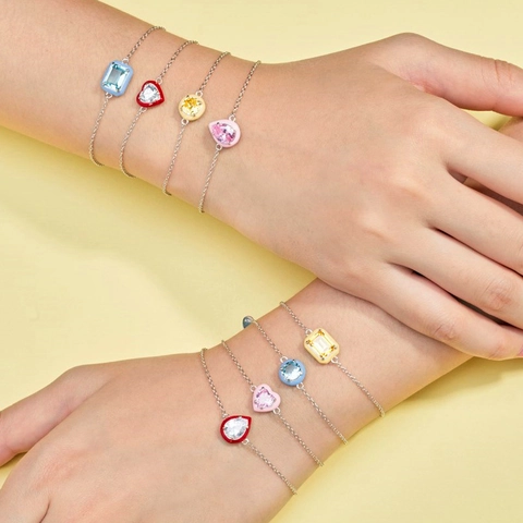 Pulsera de Plata de Ley 925 Esmalte Circonia para Mujer Color Macaron Corazón Geométrico Colgante Joyería Regalo