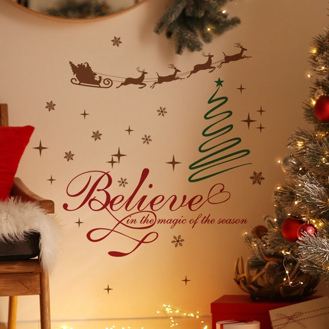 Vinilo De Pared De Navidad Letras Believe Renos Trineo Copos De Neve PVC Removible Decoración Festiva Para El Hogar