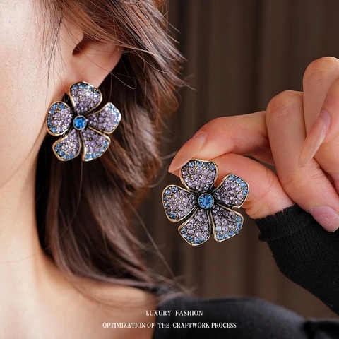 Orecchini A Fiore Con Perno In Argento Lega Rhinestone Stile Palazzo Vintage Lusso Elegante Gioielli Decorativi Per Donne