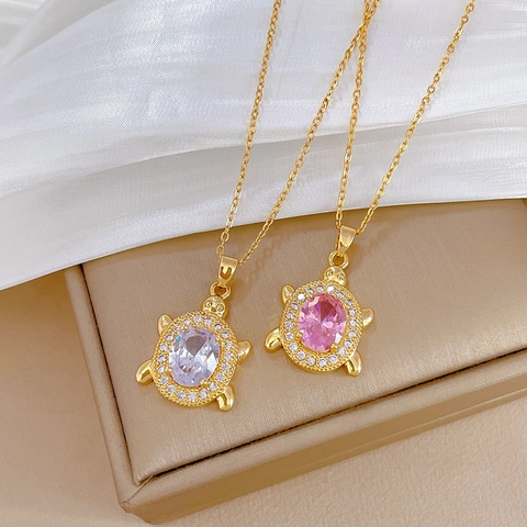 Collana Con Ciondolo A Forma Di Tartaruga Con Catena In Acciaio Inossidabile E Rame Micro Intarsiato Di Zircone Per Donna