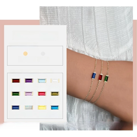 French Retro Birthstone Bracelet For Women 316L Stainless Steel 14K Gold Plated Zirconia Geometric Square Pendant Dainty Jewelry