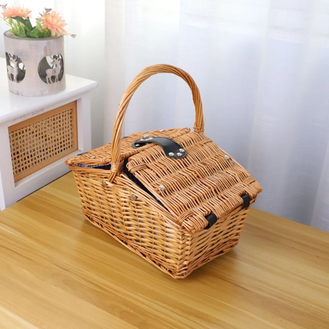 Handwoven Willow Picnic Basket With Double Lid Fabric Lining Portable Rattan Storage For Outdoor Camping Travel Decor