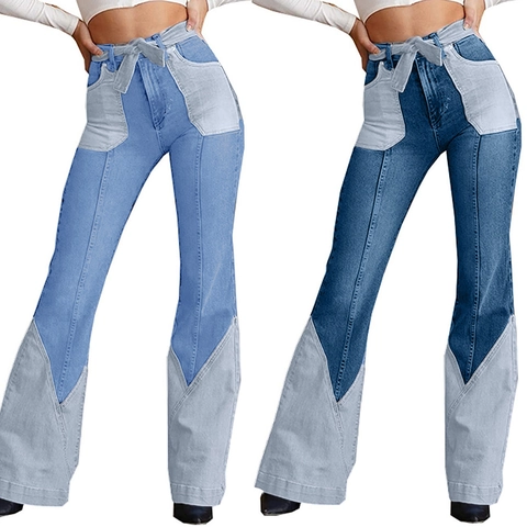 Jeans Flare Patchwork Donna Vita Alta Pantaloni In Denim Elasticizzato Cotone Rayon Poliestere Elastan Con Cintura