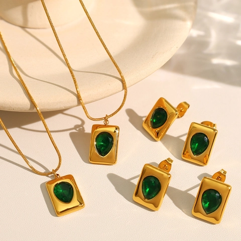 Vintage Titanium Staal 18K Verguld Smaragdgroen Traanvorm Strass Hanger Halsketting En Oorknopjes Voor Dames Sieraden