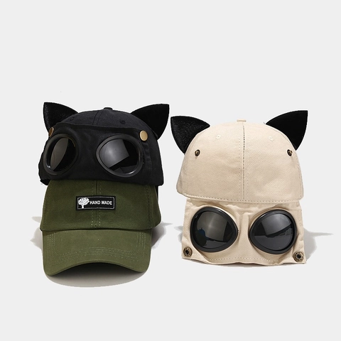 Cat Ear Pilot Goggles Baseball Cap Adjustable Cotton Canvas Streetwear Hip Hop Novelty Sun Hat For Men Women