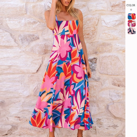 Damen Sexy Maxi-Kleid Mit Blumendruck Camisole Quadratischer Ausschnitt Hohe Taille Gesmokter Rücken Ärmelloses Urlaubsstrandkleid
