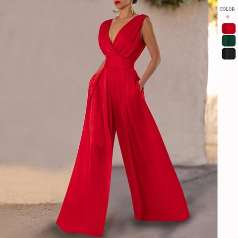 Dames Jumpsuit Diepe V-Hals Mouwloos Wijde Pijpen Hoge Taille Slim Fit Polyester Sexy Mode Lange Broek Romper