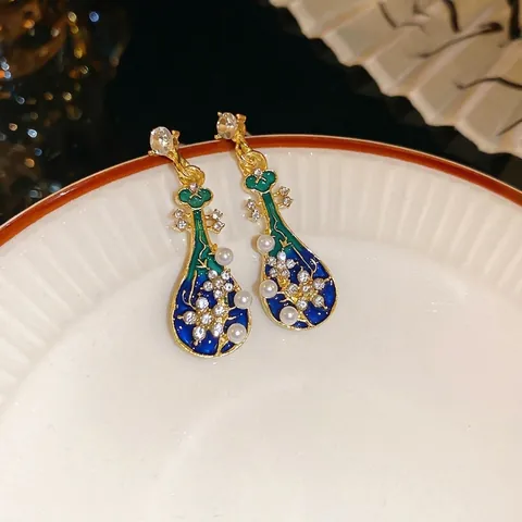 Boucles D'oreilles Pendantes Pipa Avec Tige En Argent Émail Künstliche Perle D'imitation Strass Style Chinois Bijoux Rétro Femmes