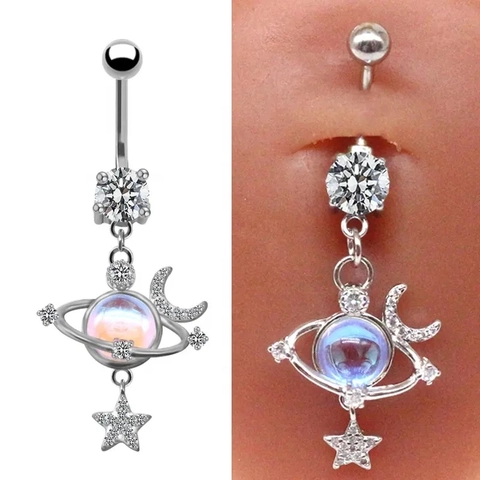 Piercing Nombril Pendentif Planète Lune Étoile Acier Inoxydable 316L Cuivre Zircone Cubique Bijoux De Corps Pour Femmes
