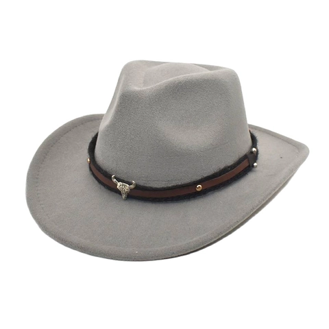 Chapeau De Cowboy Western Fedora En Feutre À Bord Large Avec Décor De Tête De Taureau En Métal Style Ethnique Rétro